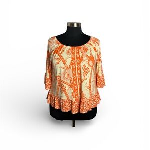 Style & Co.Bohemian Peasant Blouse floral Paisley print Ruffle Hem 3/4 sleeve XL